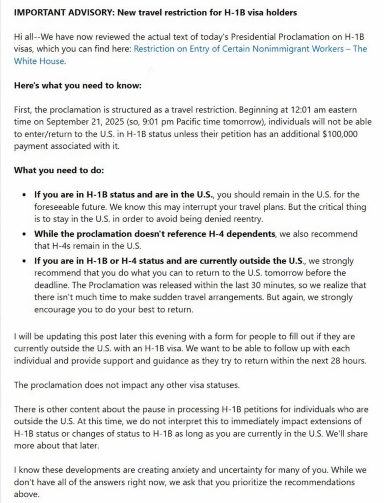 Microsoft Advisory on H1B Visas