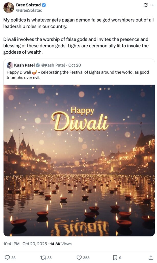 Christian Nationalists heartbroken and angered by 'Happy Diwali' wishes