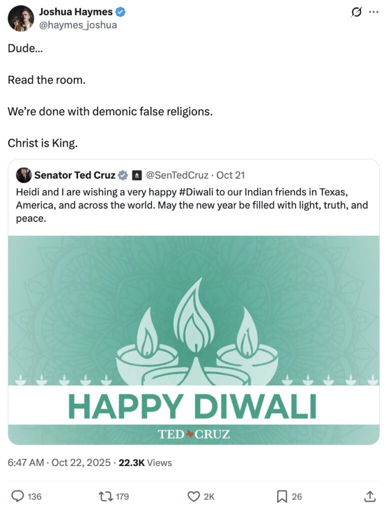 Christian Nationalists heartbroken and angered by 'Happy Diwali' wishes