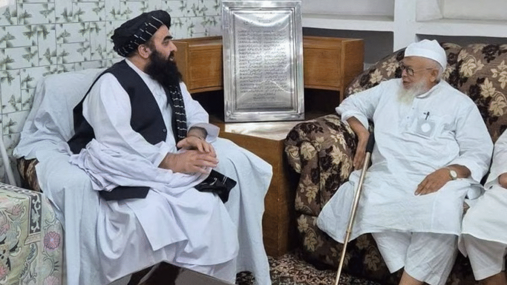 Afghan Taliban foreign minister Amir Khan Muttaqi meets Darul Uloom Deoband's Arshad Madani [Source:X/@sidhant]