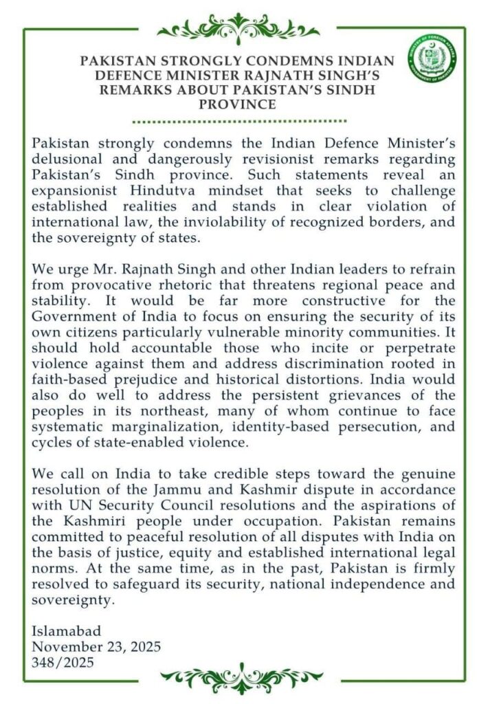 Pakistan Issues Statement against Rajnath Siingh